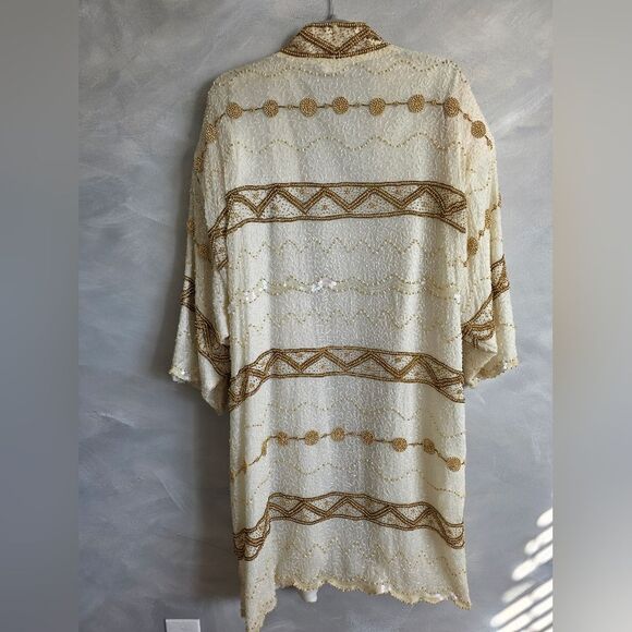 Flapper Style Gunit Cream & Gold Sequin Beaded Duster Kimono Jacket Vtg OS - Picture 2 of 15